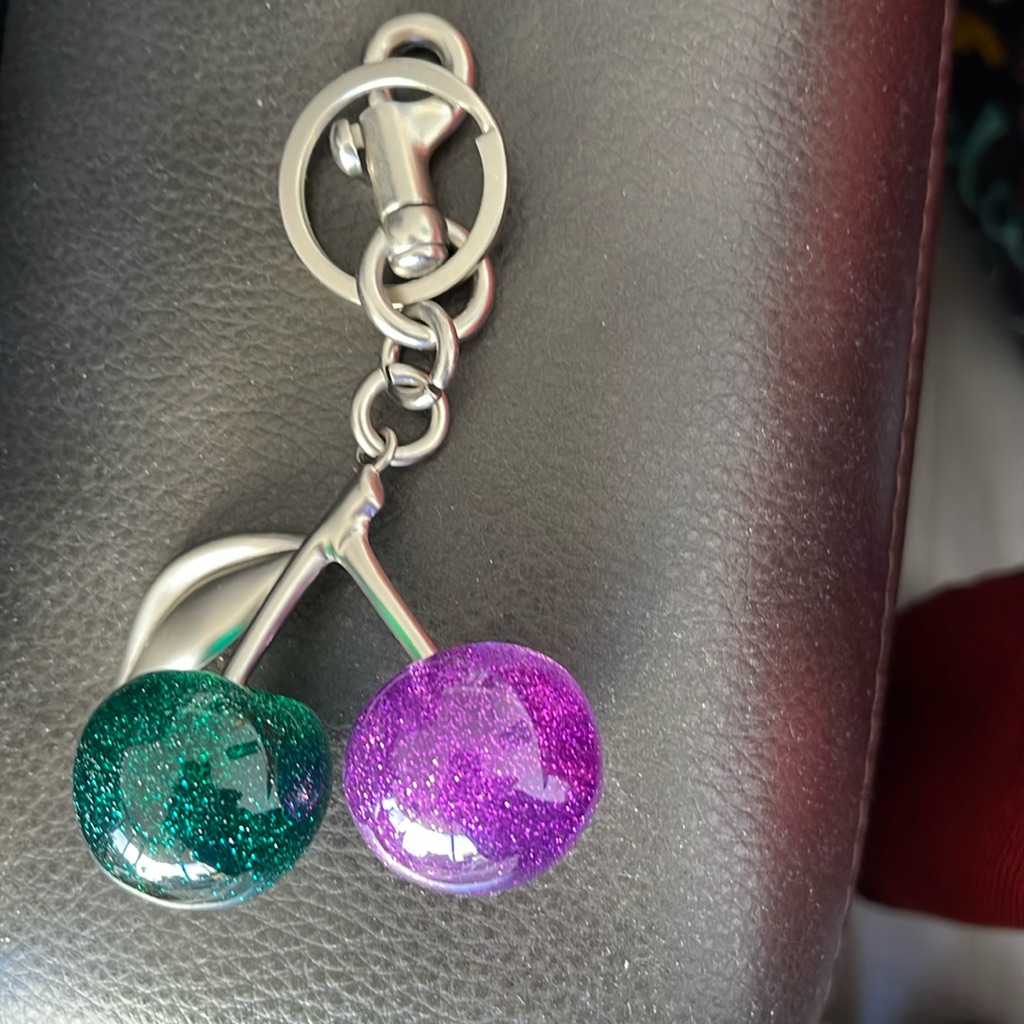 Purple & Green Large Sparkly Cherries On Silver Keychain W Leaf Bagcharm